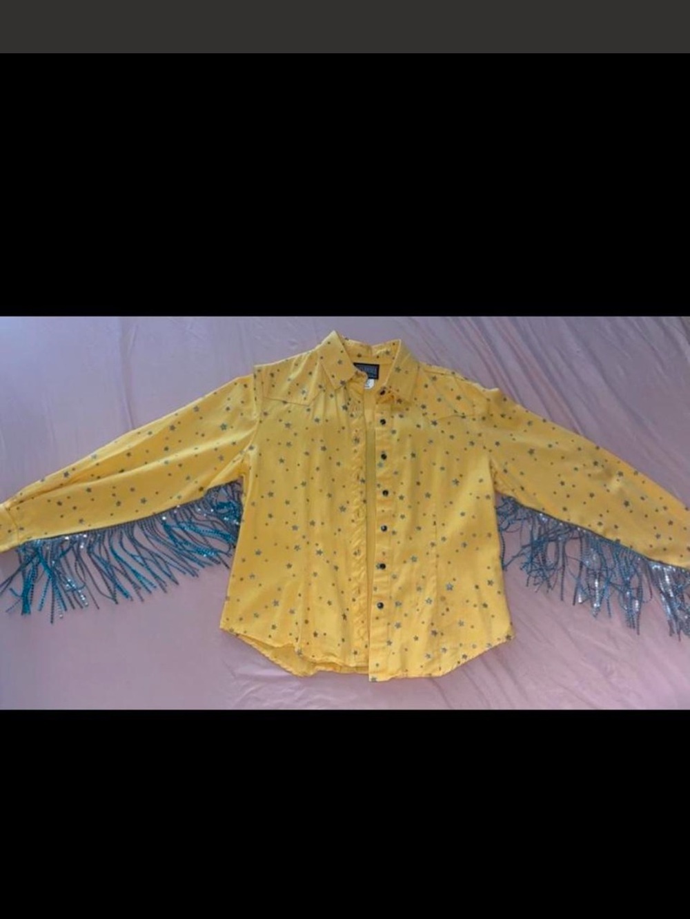 Women’s Medium Roughrider Yellow Star Button-Down Shirt with Teal Fringe